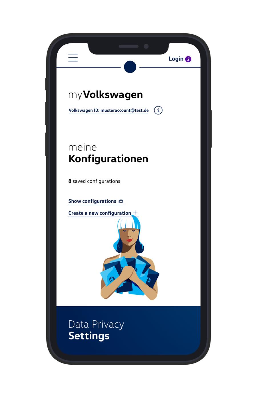 myVolkswagen-App: gespeicherte Konfigurationen mit Charakter-Illustration