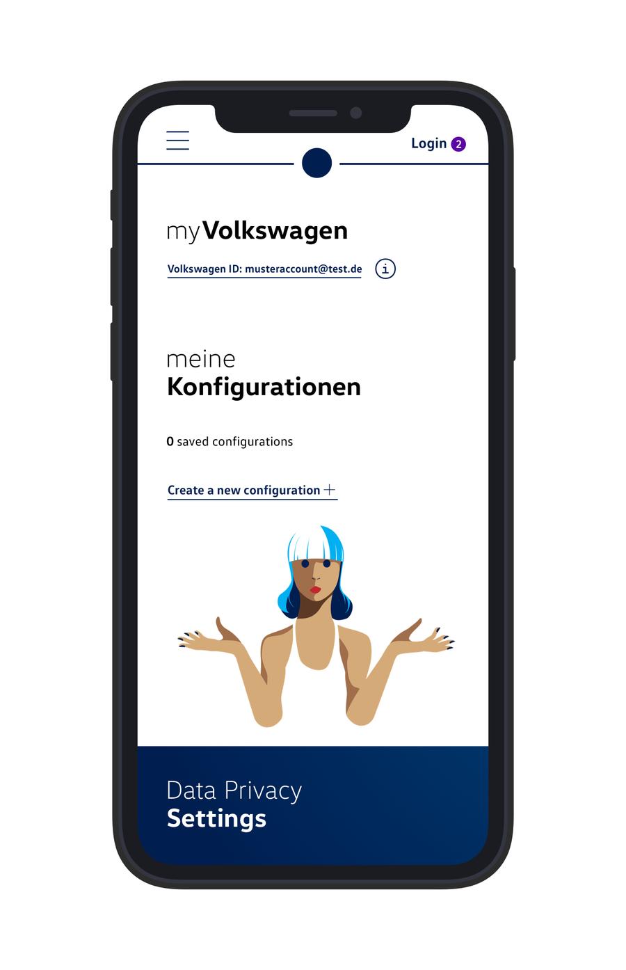 myVolkswagen-App: Leerer Zustand mit schulterzuckender Charakter-Illustration