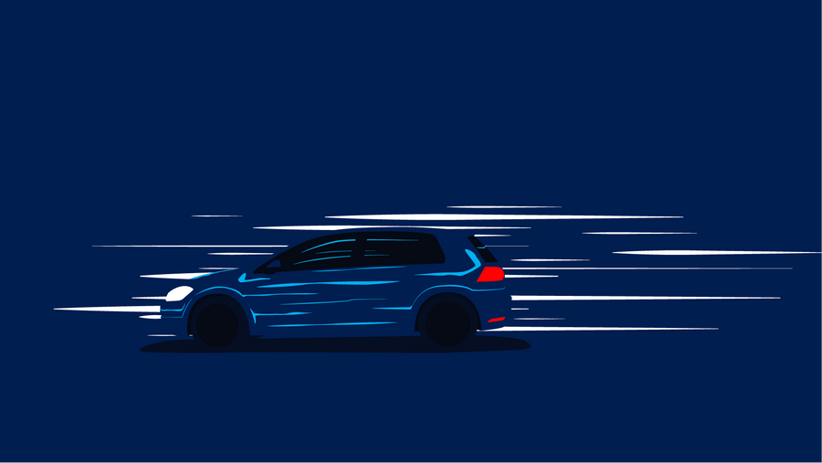 Illustration eines fahrenden Golf mit Tempolinien bei Nacht