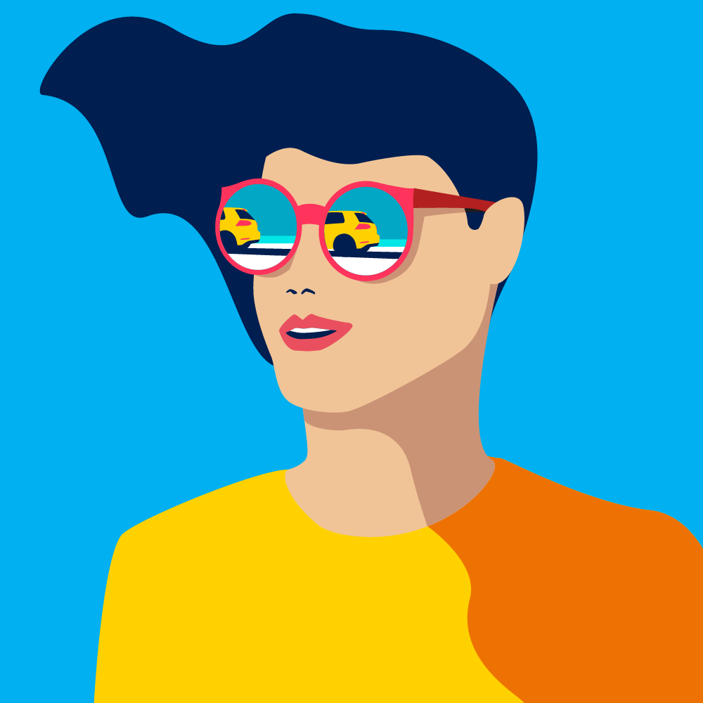 Illustriertes Porträt mit Sonnenbrille, in der sich ein Golf spiegelt