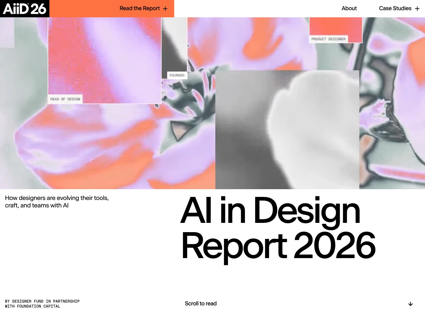 Cover des AI in Design Report 2026: solarisierte Blumen in Orange und Flieder, dazu große schwarze Typografie