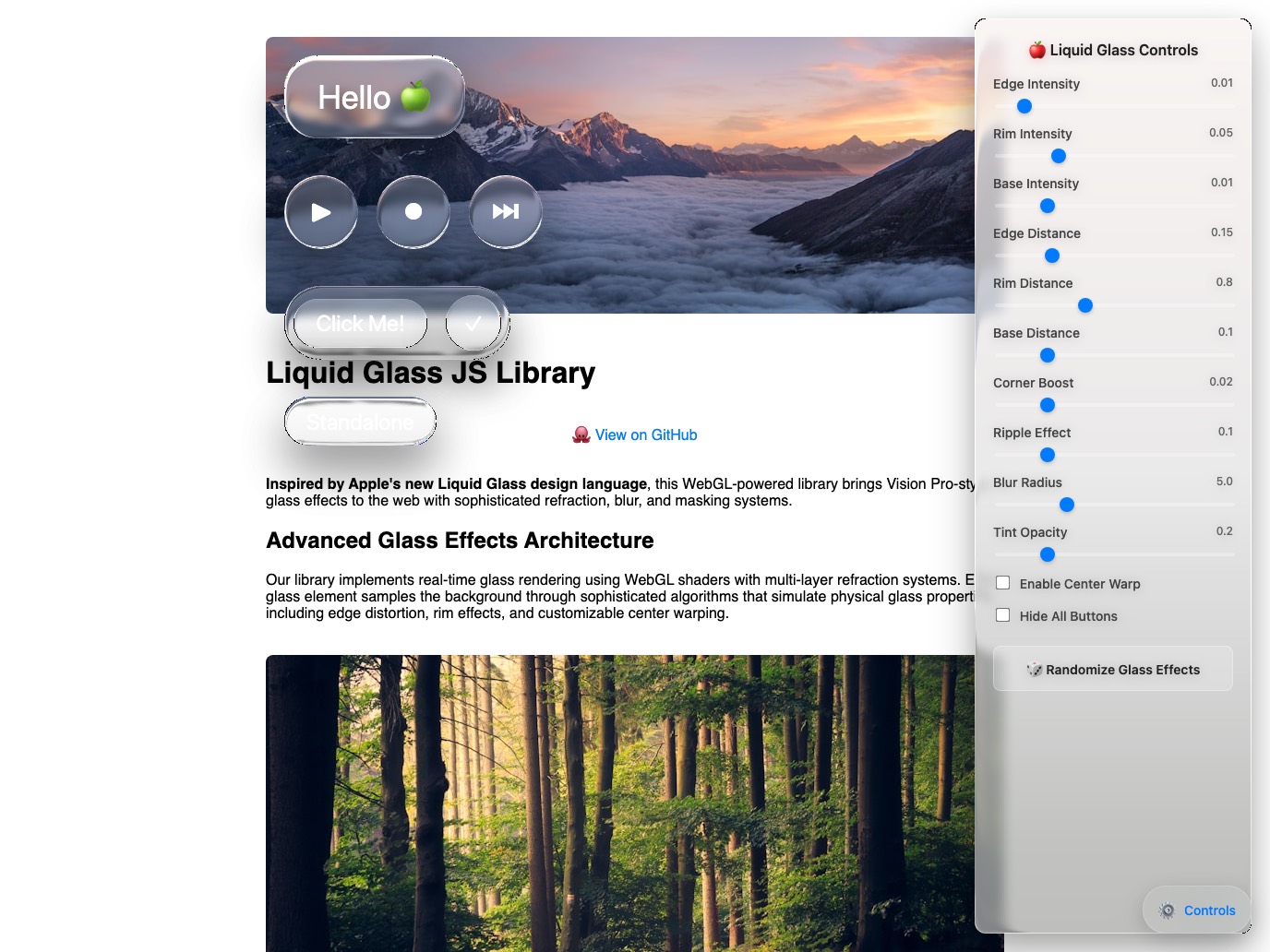 Demo of Liquid Glass JS: glass buttons over a mountain panorama, a panel of sliders on the right