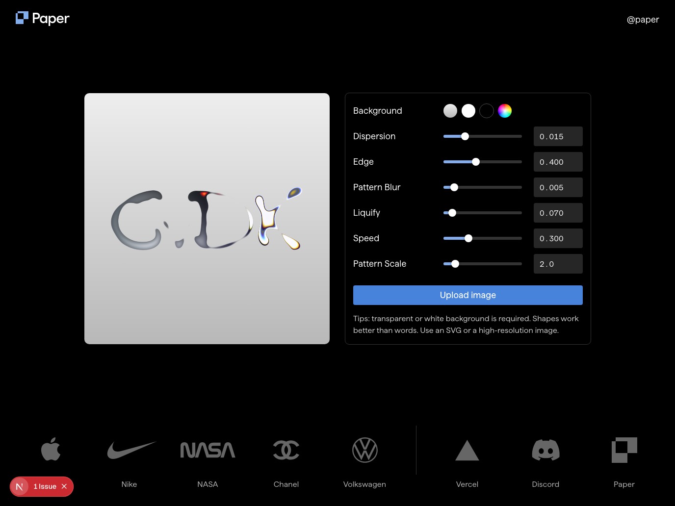 Liquid Logo running locally: the cvdk wordmark as liquid metal, with sliders for dispersion, edge and liquify