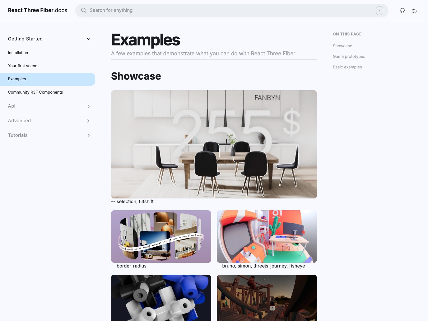 Examples gallery of the React Three Fiber docs with several 3D scenes