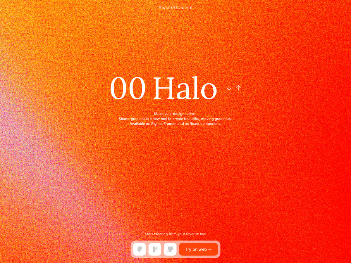 Homepage of shadergradient.co: glowing orange-red animated gradient with the Halo preset
