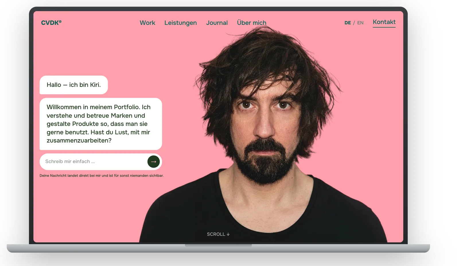 The hero of the finished site in a MacBook: chat window with greeting and input field next to the portrait