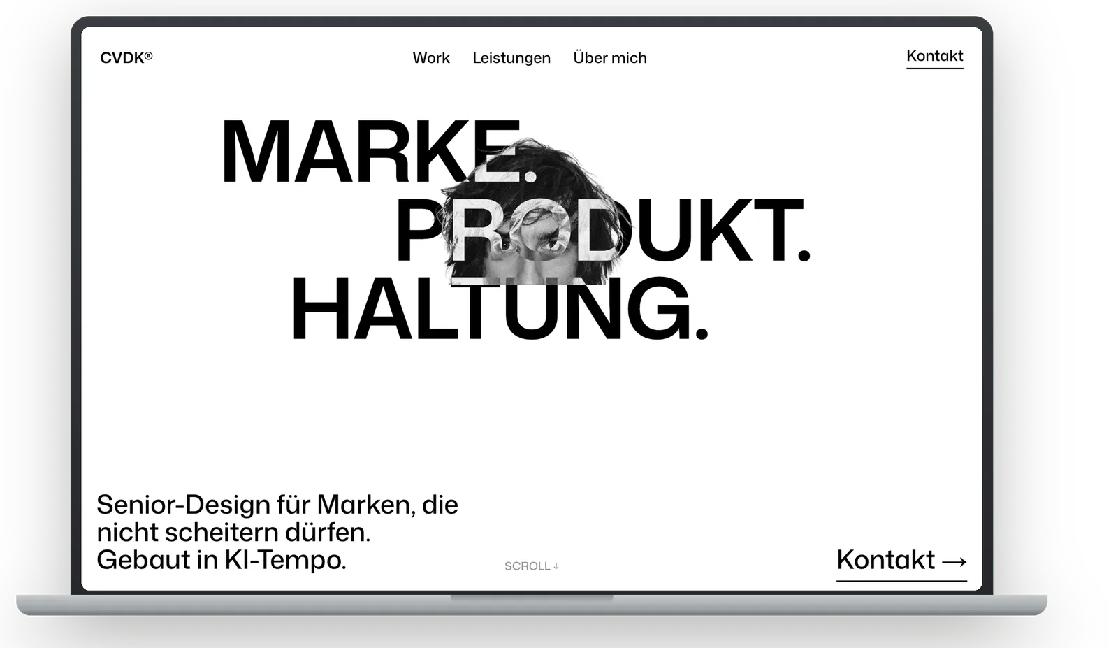 First homepage draft in a MacBook: black and white, huge typography, portrait behind the words brand, product, stance
