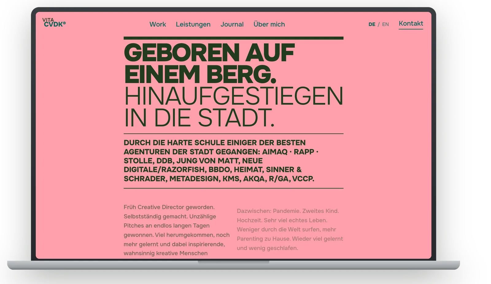 Final vita in a MacBook: editorially set text beneath the headline Born on a mountain