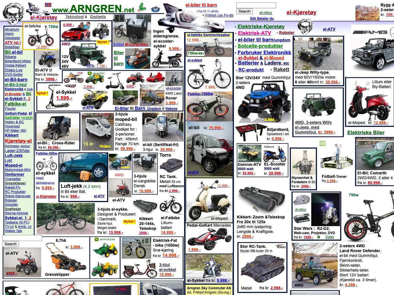 Die Startseite von arngren.net: hunderte überlappende Produktbilder, Preise und Links ohne erkennbares Raster
