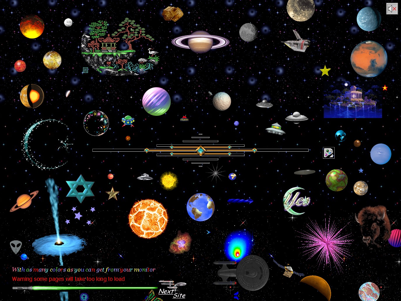 Cameronsworld.net: eine dichte Collage aus GeoCities-Grafiken, Planeten, Ufos und Glitzer-GIFs auf schwarzem Grund