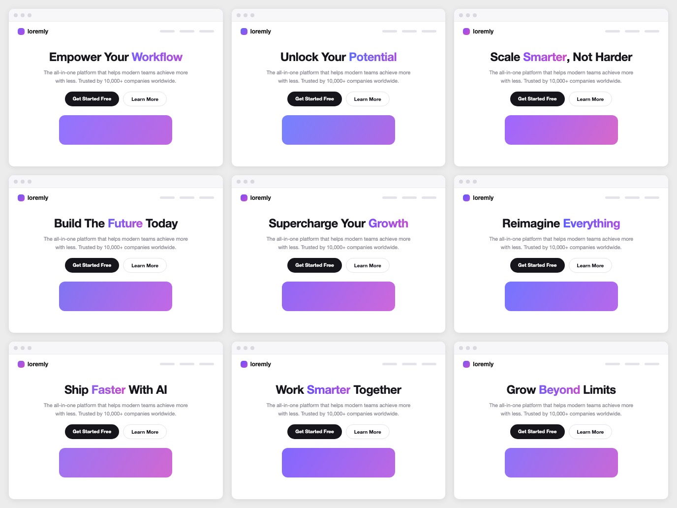 Raster aus neun fast identischen Landingpages: Gradient-Headline, graue Subline, schwarzer Button, lila Farbverlauf