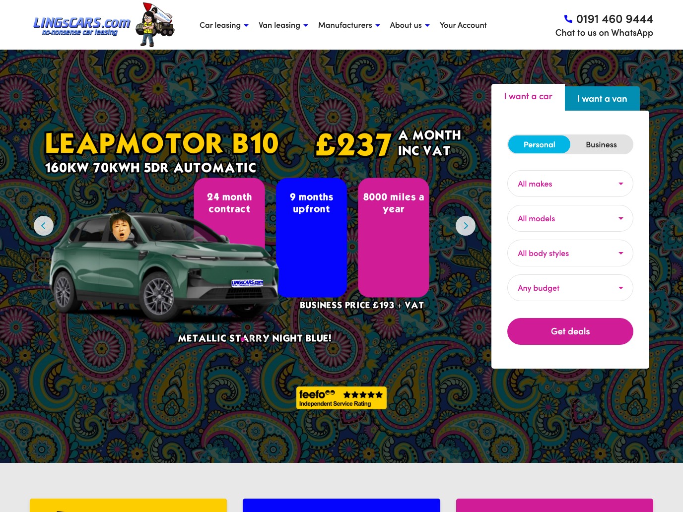 Die Startseite von lingscars.com: Leasing-Angebote in grellen Farben auf wildem Paisley-Muster