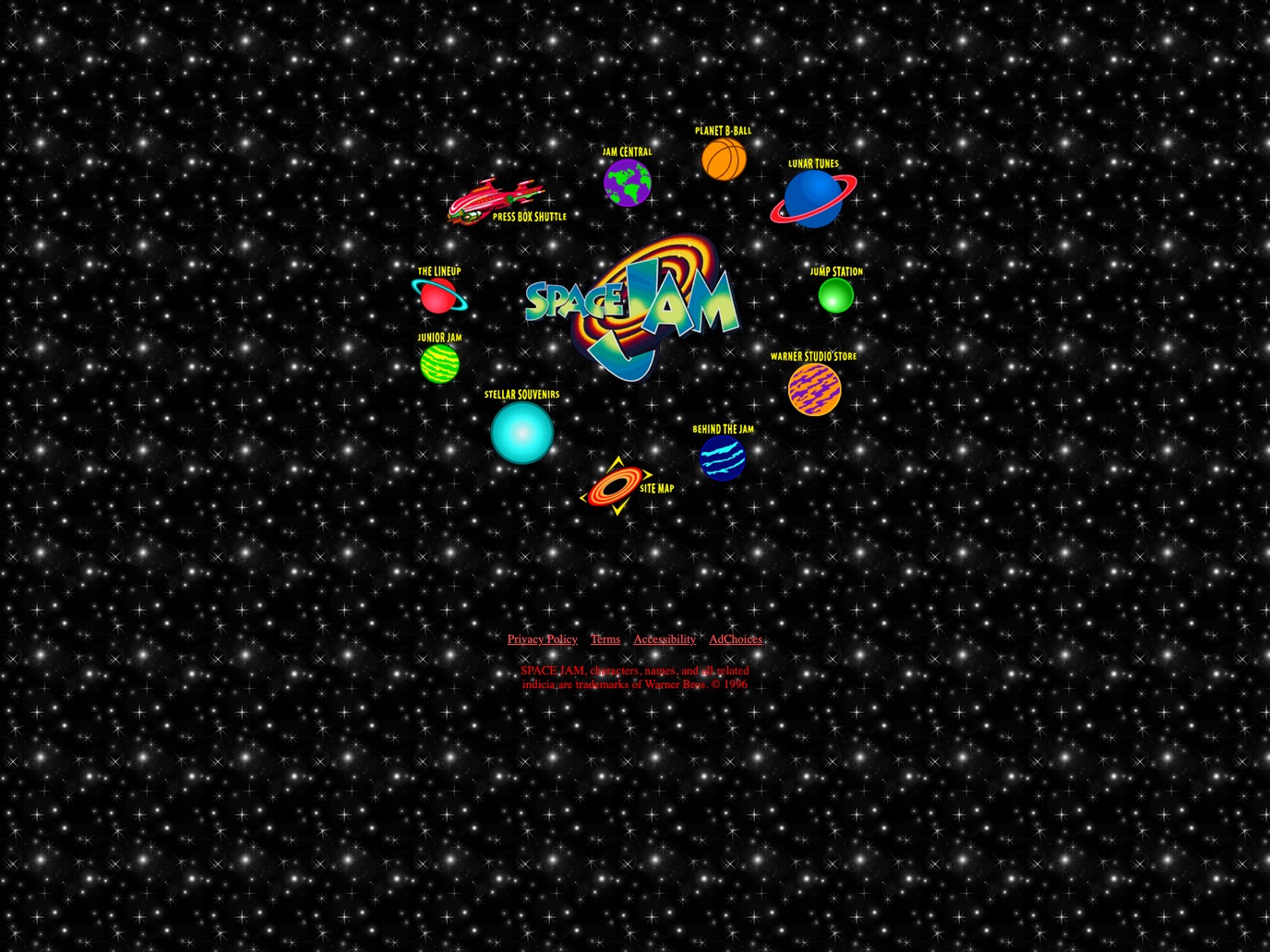 Die Space-Jam-Website von 1996: bunte Planeten-Buttons kreisen auf einem gekachelten Sternenhimmel