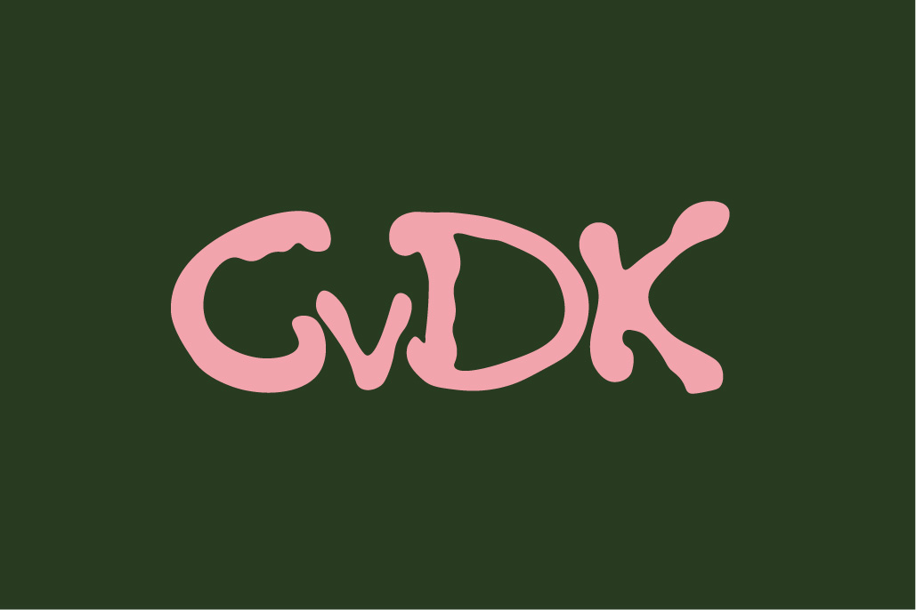 The finished cvdk wordmark in pink on a moss-green background